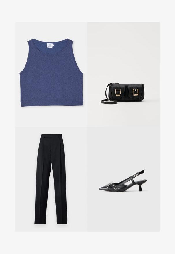 Tumši zils īss topiņš ar teksturētu audumu, apaļu kakla izgriezumu un ribotām malām. Etiquette iekšējā kakla izgriezumā.; Melnas bikses, izgatavotas no gludas auduma, ar augstu vidukli, platiem bikšu galdniekiem, priekšējiem krokām un klasiskām jostu cilpām. Sānu kabatas nav redzamas.; Melnas ādas šlipsveida kurpes ar norādītu purngalu, dekoratīvām joslām ar metāla acīm un zemu bloku papēdi. Teksturēta virsma.; Melnas ādas crossbody soma ar divām priekšējām kabatām, zelta sprādzēm, ar rāvējslēdzēju aizdari un šauru siksnu. Strukturēta virsma un kompakta taisnstūra forma.