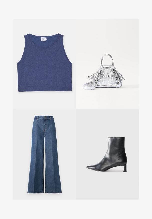 Tmavomodrý skrátený tielko vyrobené z textúrovanej látky s okrúhlym výstrihom a rebrovanými okrajmi. Štítok na vnútornej strane výstrihu.; Džínsy s širokými nohavicami modrej farby s vysokým pásom, s klasickým päťpriestorovým štýlom a zapínaním na gombík, vyrobené z textúrovanej bavlnenej tkaniny.; Čierne kožené členkové topánky s špicatou špičkou a elegantným dizajnom. Majú nízky podpätok a zips na zadnej strane. Hladká textúra.; Metalická strieborná kabelka trojuholníkového tvaru, vybavená dvoma držadlami a odnímateľným popruhom. Hladký povrch s priehľadmi na zips a dekoratívnymi akcentmi.