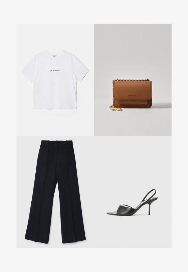 Valge puuvillane T-särk lühikeste varrukatega ja ümarate kaelustega, mille esiosal on keskel musta tikandiga tekst "OLE AUS".; Mustad laiad püksid sujuvast kangast, kõrge vöökoht, kaks tagataskut ja peened eesplekid lisatud kuju jaoks.; Mustaid nahk slingback kontsad terava nokaga, peene pahklu rihmaga ja stilettokandaga. Omab sõlme detaili vampi peal.; Pruun tekstureeritud nahk ristkeha kott kuldse ahelaga rihmaga ja klapiga sulgemine. Esiküljel on logo detail ja tasku klapi all.