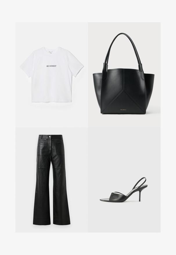 Camiseta de algodón blanca de manga corta y cuello redondo, con el texto bordado en negro "SE HONESTO" centrado en la parte frontal.; Pantalones de piel negra de pierna ancha con bolsillos frontales y cierre de botón. El material es suave con un ligero brillo y detalles de costura visibles.; Tacones slingback de cuero negro con punta afilada, tira delgada en el tobillo y tacón de aguja. Presenta un detalle anudado en el empeine.; Bolso tote de cuero negro con un diseño geométrico, que presenta dos asas y un logotipo dorado en la parte frontal. Textura suave y forma estructurada.