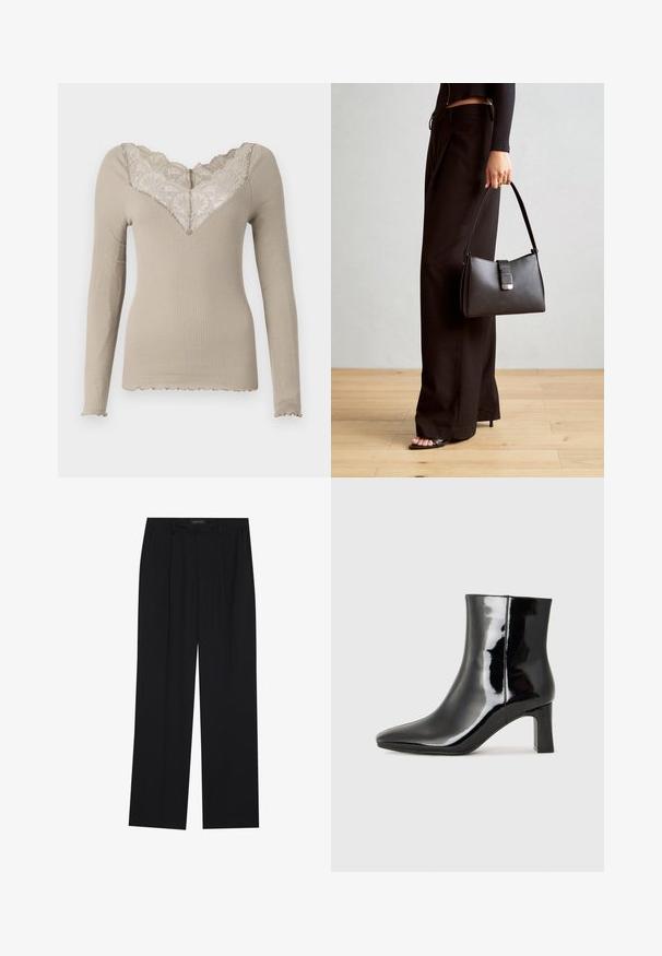 Top crem cu mânecă lungă, cu un decolteu în V și dantelă florală la margini. Margini zimțate pe mâneci și pe tiv, realizat dintr-un material moale și elastic.; Pantaloni negri cu un design drept, dotati cu doua buzunare frontale si un talie. Fabricati dintr-un material usor si neted.; Botine negre din piele lacuită, cu vârful ascuțit și toc bloc de înălțime medie. Textură netedă și design minimalist.; Genți negre cu o formă structurată, textură netedă și un închizător metalic. Asortată cu pantaloni negri largi și sandale cu vârf deschis pe un podea din lemn.