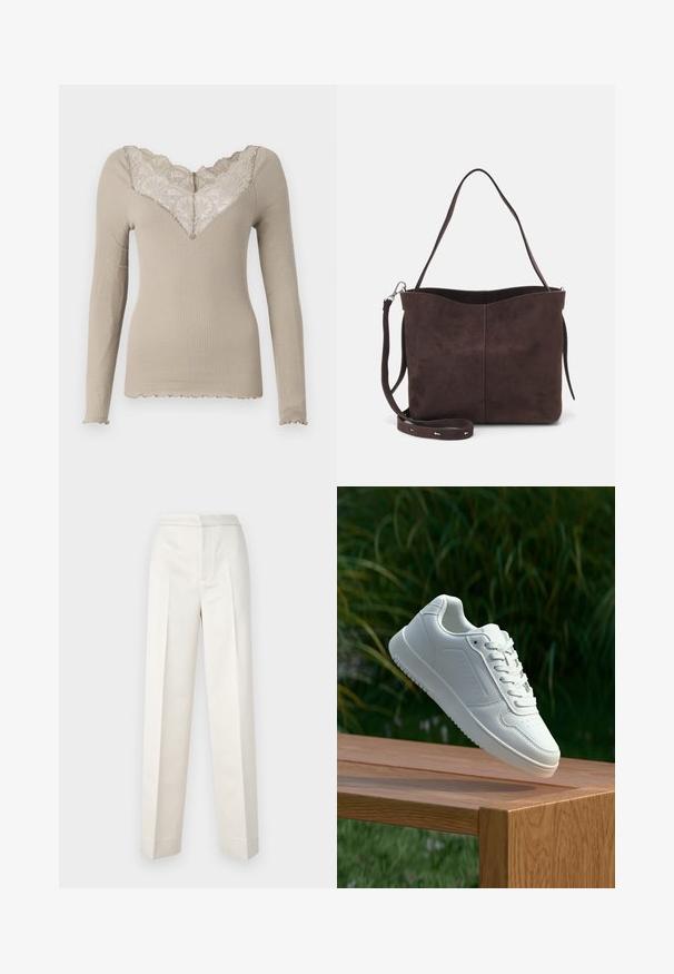 Beige színű, hosszú ujjú bordázott felső, V-nyakkal és virágos csipke díszítéssel. A ujjak és az alja fodros szélű, puha, rugalmas anyagból készült.; Krémszínű nadrág, szabott fazonnal, egyenes szárakkal, sima anyagból, elöl pliszírozott és letisztult szegéllyel. Minimális dizájn.; Fehér sportcipő sima szintetikus felsőrésszel, perforált lábujjrész, lapos fűzőkkel és texturált talppal, fából készült felületen kihelyezve.; Barna velúrbőr táska puha tapintással, egyetlen vállpánttal és finoman ívelt felső nyitással. Nincs látható fémrész.