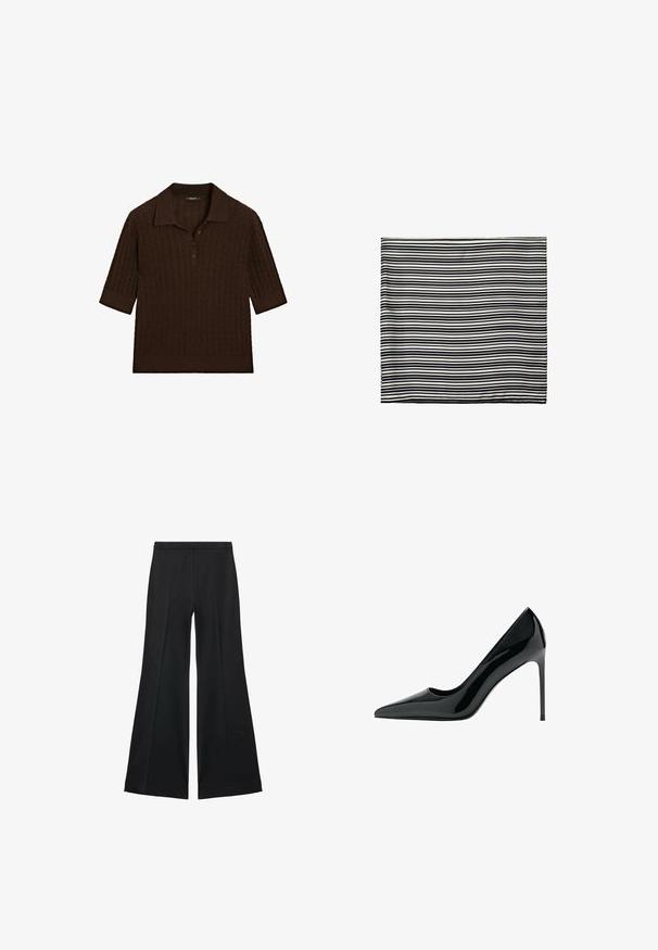 Braunes Poloshirt mit kurzen Ärmeln, ribbeliger Textur, flachem Kragen und einer Knopfleiste mit drei Knöpfen. Es hat eine lockere Passform und ein dezentes Strickmuster.; Schwarze weit geschnittene Hose mit glatter Textur, ausgestattet mit Frontfalten und einem taillierten Design. Der Stoff ist leicht und fließend.; Schwarze Lackleder-Stiletto-Pump mit spitzem Zehenbereich und glatter, glänzender Oberfläche; hoher, schlanker Absatz; minimalistisches Design.; Schwarz-weißer gestreifter Schal aus leichtem Stoff. Rechteckige Form mit gleichmäßigen, abwechselnden Streifen unterschiedlicher Breite. Weiche Textur.; Schwarze Lederhandtasche mit strukturiertem Design, oberem Griff und einem goldenen Metallschnappverschluss auf der Vorderseite. Glatte Textur, minimale Nähte.