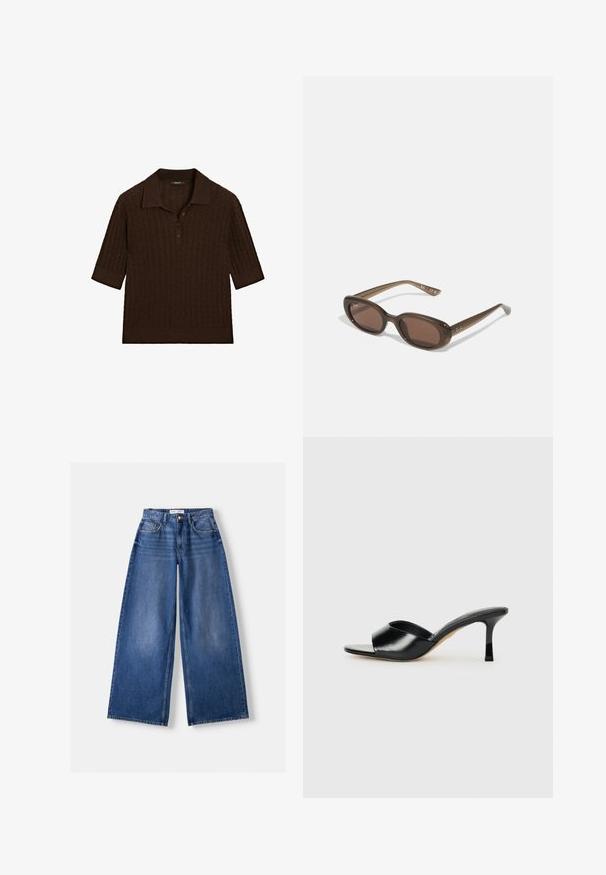 Hnědá polo košile s krátkým rukávem, s jemnou texturou, plochým límcem a třemi knoflíky, s uvolněným střihem a subtilním pleteným vzorem.; Bershka WIDE-LEG - Wide leg - dark blue; Černé kožené muly na vysokém podpatku s otevřenou špičkou a širokým, zakřiveným horním páskem. Hladká textura a elegantní silueta.; Hnědé oválné sluneční brýle s tmavými skly. Rámeček je z průhledného hnědého materiálu a má na stranách potisk s logem.; Hnědá semišová taška přes rameno s dvěma ramenními popruhy, prostorný obdélníkový tvar a minimalistický design. Měkká textura s hladkým povrchem.