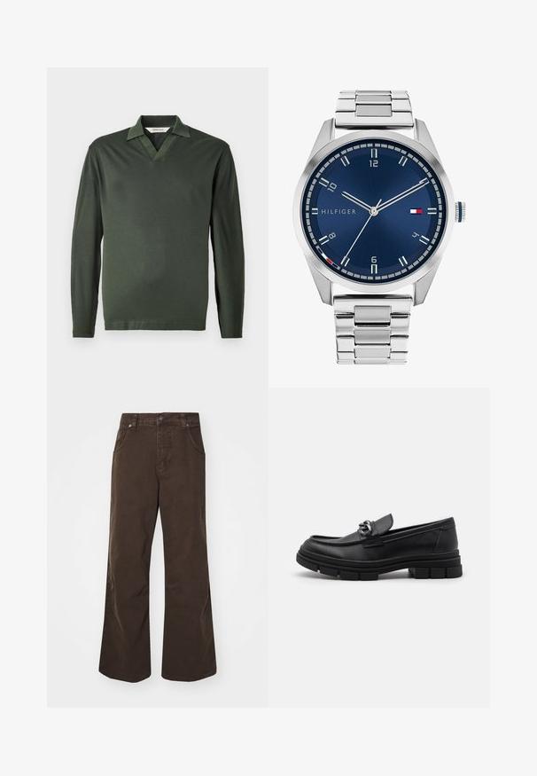 Tamsiai žalia ilgomis rankovėmis polo marškiniai, pagaminti iš lygaus audinio. Aprūpinti V formos apykakle ir minimalizmo stiliumi, be raštų ar detalių.; Rudos platūs kelnių modeliai, pagaminti iš medvilnės, su aukštu juosmeniu, priekinėmis kišenėmis ir lygiu paviršiumi. Uždarymo detalės apima subtilų siūlų dekoravimą.; Juodos odinės loafer'iai su apvalia priekiu, dekoratyvine juostele ir metaliniais elementais, taip pat storiu tekstūruotu padu. Lygus paviršius su subtiliu detalizavimu.; Sidabrinis metalinis laikrodis su šlifuotu mėlynu ciferblatu, baltais valandų žymekliais ir datos indikacija. Yra metalinė grandinė ir prekės ženklo logotipas.