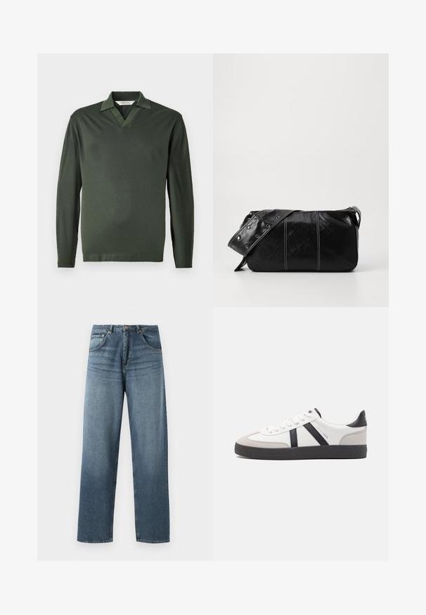Langarm-Polohemd in Dunkelgrün, aus glattem Stoff gefertigt. Verfügt über einen V-Ausschnitt und ein minimalistisches Design ohne Muster oder Beschläge.; Gerade geschnittene blaue Jeans aus Denim mit gewaschenem Finish, ausgestattet mit einem Fünf-Taschen-Design, Metallknopf und Gürtelschlaufen. Robustes, mittelschweres Material.; Weiße Sneaker mit schwarz- und grau-aczenten, ausgestattet mit einer strukturierten grauen Zehenkappe, schwarzer Gummi-Sohle und flachen weißen Schnürsenkeln. Sauberes Design, minimalistische Stil.; Schwarze Leder Schultertasche mit Reißverschluss, ausgestattet mit einer strukturierten Oberfläche, weißen Nähten und einem Tragegurt mit silbernen Ösen.