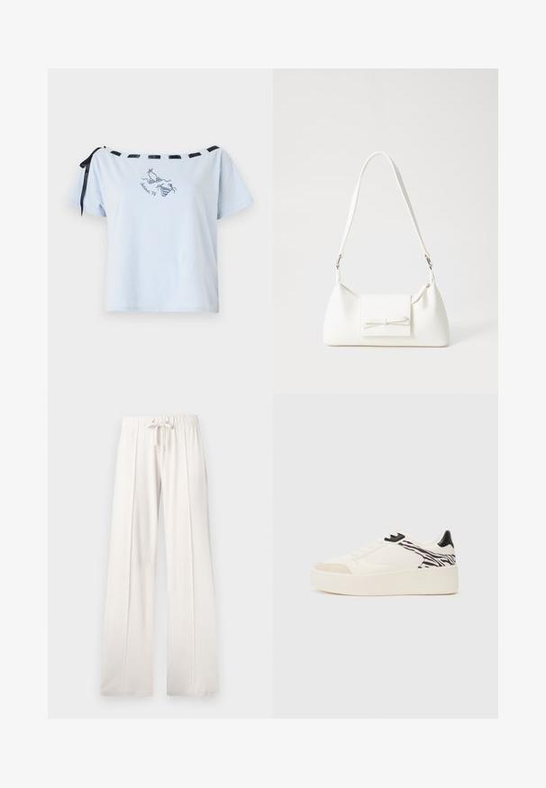 Šviesiai mėlynas trumpomis rankovėmis marškinėliai su per petį dizainu, juodom satino juostelėm ir išsiuvinėtu „Vasara 98“ grafiku. Minkšta medvilnės medžiaga.; Šviesiai smėlio spalvos sportinės kelnės, pagamintos iš minkštos medžiagos, su raišteliu juosmenyje, plačiomis ilgomis kojomis ir vertikaliomis siūlėmis, turinčios lygų paviršių.; Even&Odd Sportbačiai - white/black; Balta sintetinė rankinė trikampio formos, plokščiu priekiu su užsegimu, kaspino detale, reguliuojama dirželiu, lygia tekstūra ir minimalistišku dizainu.