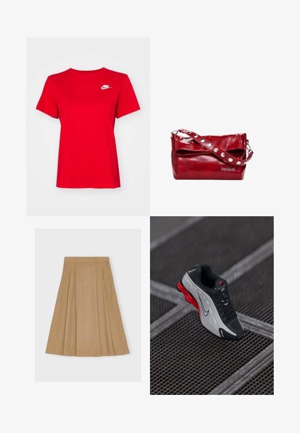 Rode katoenen T-shirt met een klassieke ronde hals en korte mouwen. Voorzien van een wit Nike-logo op de linkerborst.; Knielange, geplooide rok van lichtbruin katoen, met een aansluitende tailleband met riemlussen en een rechte zoom.; Zwarte en grijze sportieve schoen met een rode dempende zool, zwarte veters en een swoosh-logo, rustend op een metalen rasteroppervlak.; Rode synthetische leren schoudertas met een omslagflap, zilveren drukknoopaccenten op de band, en een bedrukte "Desigual" logo.