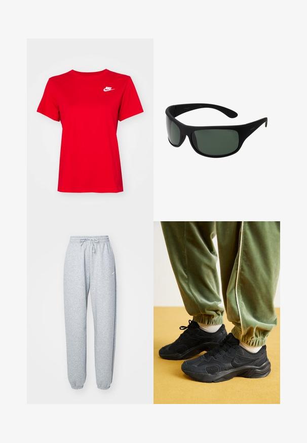 T-shirt rosso in cotone con scollatura a girocollo classica e maniche corte. Presenta il logo Nike bianco sul lato sinistro del petto.; Pantaloni della tuta grigio chiaro realizzati in morbido cotone misto, con vita elastica e coulisse, gambe affusolate e polsini a coste. Dettaglio di branding minimale.; Sneakers sportivi neri con sovrapposizioni in rete e sintetico, suola texturizzata, abbinati a pantaloni da jogging verdi con polsini elasticizzati, su una superficie gialla.; Occhiali da sole neri avvolgenti con lenti verde scuro. Finitura opaca, design curvo, con aste dritte e un branding sottile sul lato.