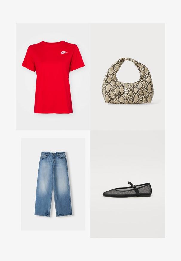 Rdeča bombažna majica s klasičnim okroglim izrezi in kratkimi rokavi. Na levi strani prsnega dela je bel logo Nike.; Svetlo modri kavbojki z ohlapnim krojem, širokimi hlačnicami in zbledelimi deli. Narejeni so iz denima s klasičnim petim žepnim dizajnom in zapiranjem na vrhnji gumb.; Črne mrežaste balerinke s konicami, ki imajo trak s sponko in nizko, ravno podplat. Prosojen tekstilni material.; Torba z vzorom kače s ukrivljenim ročajem. Narejena iz teksturiranih, bež in rjavih materialov, ki imajo značilen diamante vzorec.