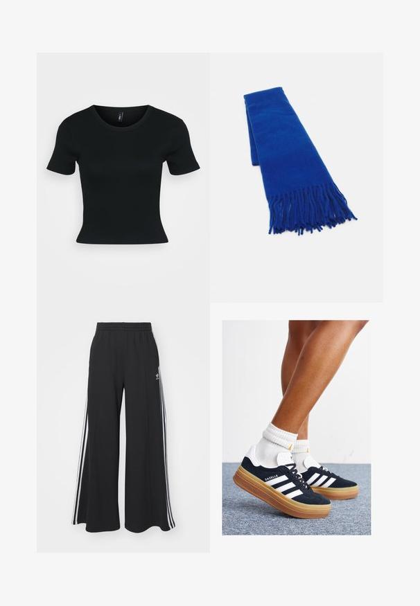 Črna kratka majica s kratkimi rokavi, rebrasta tekstura, okrogla izreza, oprijet kroj in brez vidnih vzorcev ali dodatkov.; Črne široke trenirke z elastičnim pasom, ki imajo bele stranske proge in vezeno logo na levi stegna.; Črni antilop superge z belimi črtami in poudarki, okrogel prst, gumijasti podplat, kombinirane z belimi rebrastimi nogavicami.; Modra tkana šal s resicami na koncih, gladka tekstura, pravokotna oblika in enotna barva po celotni dolžini. Primeren za hladno vreme.