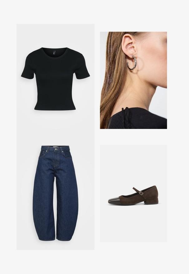 Tricou negru cu mânecă scurtă, textură ribbed, decolteu rotund, siluetă ajustată și fără modele sau accente vizibile.; Blugi din denim albastru închis, cu croială largă și lejeră. Au închidere cu fermoar, patru buzunare și cusături contrastante de-a lungul cusăturilor.; Pantofii Mary Jane din suede maro cu vârf din piele patentă neagră, curea ajustabilă și tocul jos în formă de bloc. Textură netedă cu accente minime.; Cercel din argint cu un finisaj polișat, având detalii mici din aur și o formă rotundă, purtat pe lobul urechii.