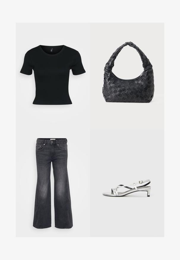 T-shirt preto de mangas curtas, textura ribada, decote redondo, silhueta justa e sem padrões ou detalhes visíveis.; Calças de ganga pretas de perna larga com uma cintura alta, apresentando cinco bolsos, ferragens prateadas e um padrão ligeiramente desbotado ao longo das pernas.; Sandália slingback metálica prateada com um salto baixo, apresentando tiras entrelaçadas e uma textura suave. Design minimalista.; Bolsa de ombro tecida em pele preta com uma pega arredondada e corpo em forma de crescente, sobre um fundo liso.