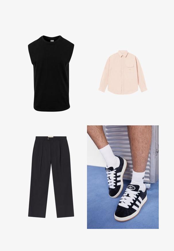 Maglietta nera senza maniche in cotone, con scollatura rotonda e superficie liscia, dal taglio dritto. Nessun motivo visibile.; Camicia a maniche lunghe di un rosa chiaro, realizzata in un tessuto morbido, dotata di colletto alla francese, taschino frontale e un sottile logo ricamato sul petto.; Pantaloni scuri navy su misura con vita alta, due pieghe frontali, chiusura con bottone e gamba dritta in tessuto liscio.; Sneakers in suede nero con lacci bianchi e tre strisce bianche. Presentano un logo circolare nero sulla linguetta e una suola in gomma color gomma.