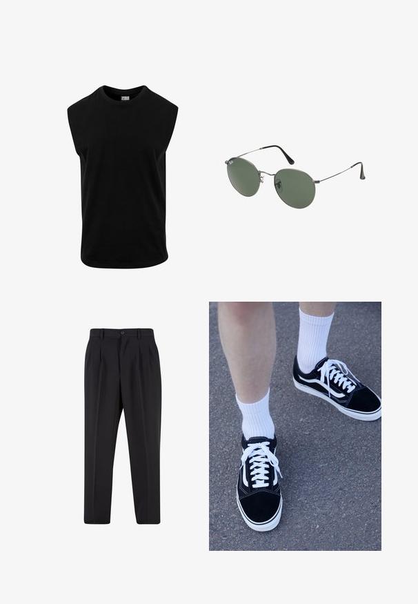 Čierne bezrukávové tričko vyrobené z bavlny, s okrúhlym výstrihom a hladkou štruktúrou so rovnými krajmi. Bez viditeľných vzorov.; Čierne nohavice s plisovaným predným dizajnom, vyrobené z hladkej látky. Majú zapínanie na gombík a pútka na opasok; rovný strih.; Čierne zamatové tenisky s bielymi akcentmi a šnúrkami, spárované s bielymi rebrovanými ponožkami, umiestnené na textúrovanej šedej ploche.; Sunglass s metalovým rámom s oválnymi zelenými šošovkami. Tenký strieborný kovový rám a čierne štuple za uši. Minimalistický dizajn, bez viditeľných log.