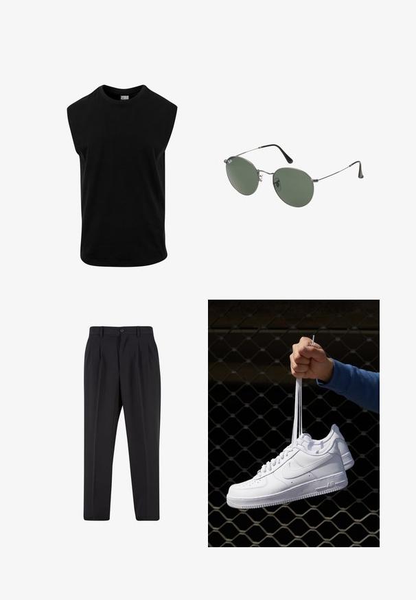 Čierne bezrukávové tričko vyrobené z bavlny, s okrúhlym výstrihom a hladkou štruktúrou so rovnými krajmi. Bez viditeľných vzorov.; Čierne nohavice s plisovaným predným dizajnom, vyrobené z hladkej látky. Majú zapínanie na gombík a pútka na opasok; rovný strih.; Biele kožené tenisky s perforáciami, okrúhlou špičkou, plochou podrážkou a hrubými šnúrkami, pričom majú viditeľné logo swoosh a nápis "AIR" na päte.; Sunglass s metalovým rámom s oválnymi zelenými šošovkami. Tenký strieborný kovový rám a čierne štuple za uši. Minimalistický dizajn, bez viditeľných log.