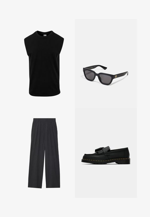 Maglietta nera senza maniche in cotone, con scollatura rotonda e superficie liscia, dal taglio dritto. Nessun motivo visibile.; Pantaloni a gamba larga realizzati in tessuto grigio scuro. Presentano pences in vita, un design sartoriale e una silhouette dritta.; Mocassino in pelle nera con nappine, cuciture gialle lungo la suola e una suola in gomma spessa e rigata.; Occhiali da sole rettangolari neri con finitura lucida, lenti scure e dettagli dorati sulla tempia che presentano il logo.