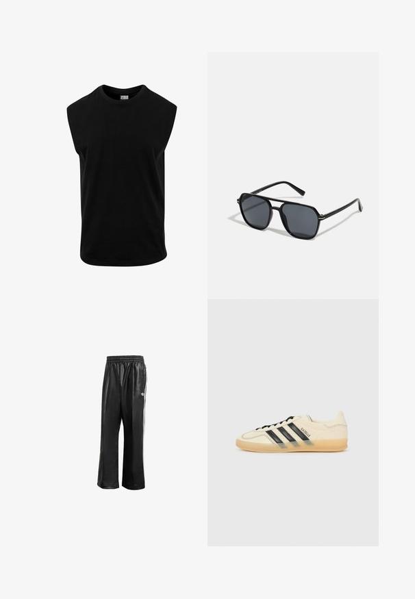 Črna brezrokavnik majica iz bombaža, z okroglo izrezom in gladko teksturo ter ravnim krojem. Brez vidnih vzorcev.; Črne sintetične športne hlače z elastičnim pasom, z belimi stranskimi črtami in s majhnim belim logotipom na levem kolku.; Svetlo kremne teniske z vzorcem črnih treh črt, teksturirano zgornji del, okroglo konico in gumijast podplat. Imajo vezalke in blagovno znamko na strani.; Črne sončne naočniki z oktagonalnim okvirjem, temnimi lečami, sijočo površino, tankimi nogicami in zlatimi detajli spredaj.