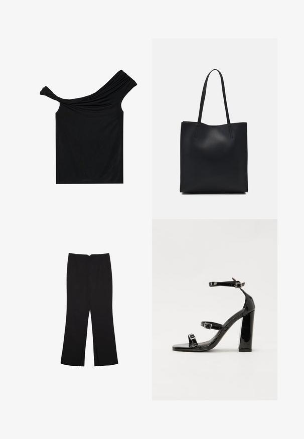 Sort off-shoulder top lavet af et blødt stof. Har snoet detalje ved udskæringen og en tætsiddende silhuet.; Sorte bukser med lige pasform, der har frontlommer og slidser i kanten. Lavet af blødt, glat stof. Velegnet til forskellige anledninger.; Sorte patenterede hælsandaler med firkantet tå, ankelremme og sølvspænder. Har en chunky blokHæl for stabilitet.; Sort læder tote taske med glat tekstur, rektangulær form og to lange hanke. Ingen synlig hardware eller udsmykninger.