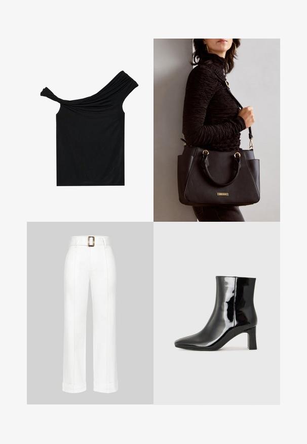 Svart off-shoulder topp i mjukt tyg. Har tvinnade detaljer vid halsringningen och en figurnära silhuett.; Vita vida byxor i bomull. Har hög midja med en stor rektangulär bälteklämma och sömnadsdetaljer längs benen.; Svart lackläder ankelboot med spetsig tå och en medelhög klack. Slät textur och minimalistisk design.; Svart handväska med texturerad yta, dubbla handtag upptill och justerbar axelrem. Utrustad med detaljer i guld och sidofickor.