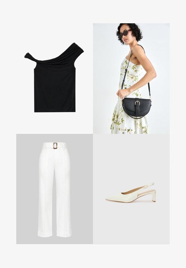 Črna top brez naramnic, narejen iz mehkega materiala. Ima zvite detajle na izrezu in prilegajočo silhueto.; Bele široke hlače iz bombaža. Imajo visok pas z veliko pravokotno zaponko in šivane detajle vzdolž hlačnic.; Bele begaste usnjene slingback čevlje z ostrim nosom in nizkim blokastim peto. Imajo diskreten trak z zlatim podrobnostim s sponko.; Črna usnjena torbica s ukrivljeno obliko, z odstranljivo naramnico in zlatimi dodatki. Torbica ima pokrov s podrobnostmi v obliki zaponke.