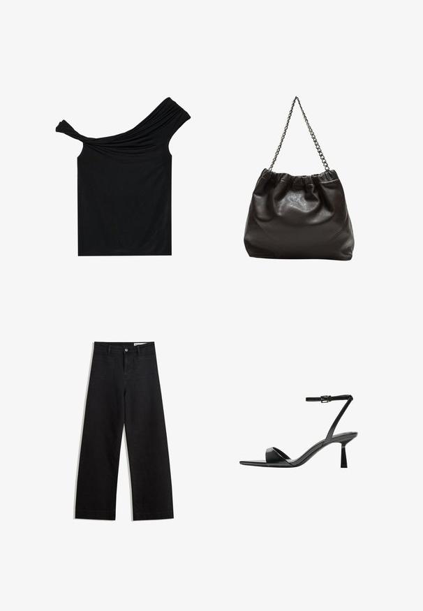 Čierny top bez ramienok vyrobený z mäkkej tkaniny. Má skrútené detaily pri výstrihu a priliehavý strih.; Čierne denimové nohavice s širokými nohavicami a vysokým pásom, so prednými a zadnými vreckami, šitými švami a zapínaním na gombík. Hladká textúra.; Bershka Sandále na vysokom opätku - black; Hnedá kožená taška so zberaným vrchom a reťazovým popruhom. Hladký povrch s lesklým finišom a jemným švom po stranách.