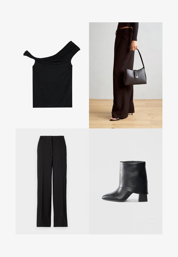 Crni top bez ramena izrađen od mekog materijala. Ima uvijene detalje na dekolteu i prilagođeni kroj.; Crne hlače ravnog kroja, s dva prednja nabora, pojasom i bez vidljivih džepova ili ukrasa.; Crna kožna čizme do gležnja sa šiljastim prstom, glatke teksture i strukturiranim blok petom. Ima visoki, preklopljeni dizajn manžetne.; Crna torba s oblikom koji sadrži strukturu, glađu teksturu i metalnu kopču. Uparena s širokim crnim hlačama i sandalama na otvorenom s drvenog poda.