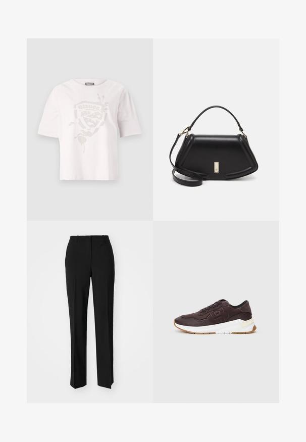 Balta trumpų rankovių marškinėliai pagaminti iš medvilnės, su tekstūruota grafine dizaino apdaila subtiliu metaliniu atspalviu priekyje.; Juodi pritaikyti kelnių modeliai su tiesiomis kojomis, pasižyminčios lygiomis tekstūromis ir ryškiomis klostėmis priekyje. Nėra matomų detalių.; Tamsiai rudos sportbačiai su juodu apvadu, iškilusiu logotipu šone, balta stora padu ir guminėmis apatinėmis dalimis ant vienspalvio fono.; Juoda odinė rankinė su struktūrizuotu dizainu, turi trumpą formą, viršutinę rankeną ir auksinius akcentus. Pridėtas reguliuojamas peties diržas.