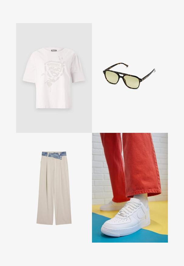 Bílá tričko s krátkým rukávem vyrobené z bavlny, s texturovaným grafickým designem v jemném metalickém provedení na přední straně.; Světlé béžové kalhoty s širokým střihem a denimo páskem, který má dva knoflíky a skladby na přední části. Hladká textura a uvolněný střih.; Bílé kožené tenisky s perforovanou špičkou, texturovanou podešví a bílými tkaničkami, v kombinaci s širokými červenými kalhotami a modro-žlutým pozadím.; Brýle ve stylu želvoviny s obdélníkovým tvarem, zelenými skly a vzorovanými acetátovými rámy. Obsahují kovové akcenty poblíž skel.