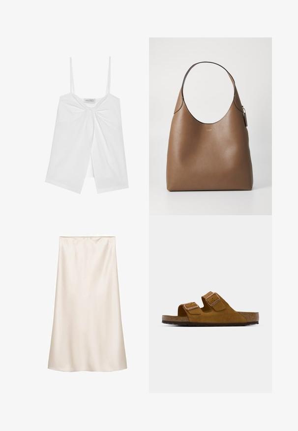 Witte mouwloze top met dunne bandjes, voorzien van een strikdetail aan de voorkant en een open split ontwerp aan de onderkant. Soepele, lichte stof.; Satijnen midi-jurk in off-white, rechte snit met een elastische tailleband, gladde textuur en geen zichtbare patronen of accenten.; Bruine suède slide-sandaal met twee verstelbare banden, kurken voetbed en een gestructureerde rubberen zool. Minimalistisch ontwerp zonder verdere versieringen.; Bruine leren tote bag met een gladde textuur, brede opening en een enkele schouderband. Beschikt over een gouden logo en een klein hanglabel.