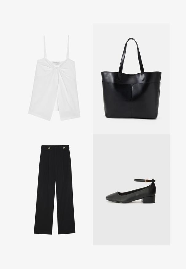 Witte mouwloze top met dunne bandjes, voorzien van een strikdetail aan de voorkant en een open split ontwerp aan de onderkant. Soepele, lichte stof.; Zwarte wijde broek met hoge taille, knoopdetails op de tailleband en plooien aan de voorkant.; Zwarte leren pump met een spitse neus en een lage blokhak. Beschikt over een enkelband met een goudkleurige gespsluiting. Gladde textuur.; Zwarte leren tote bag met twee lange handvatten, een zachte textuur en een gestructureerde vorm. Voorzien van een voorvak voor extra opslagruimte.