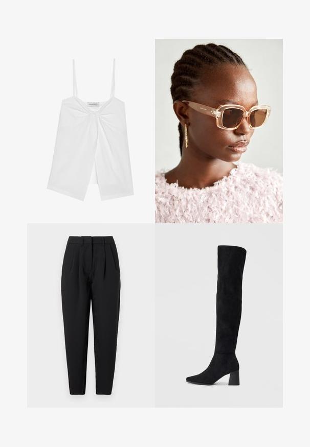 Bela brezrokavna majica s tankimi naramnicami, ki ima detajl v obliki pentlje spredaj in odprt razporek na dnu. Gladek, lahek material.; Črne hlače ravnega kroja, z gubami spredaj, gladko teksturo in stranskimi žepi. Pas je standardne višine.; Črne semiš škornje do kolen z blok peto, s koničastim nosom in gladkim, brezšivnim dizajnom na enostavni svetli podlagi.; Bežna oversized sončna očala s prozornim okvirjem in rjavimi lečami, ki imajo subtilne cvetlične poudarke in drzen, geometrijski dizajn.