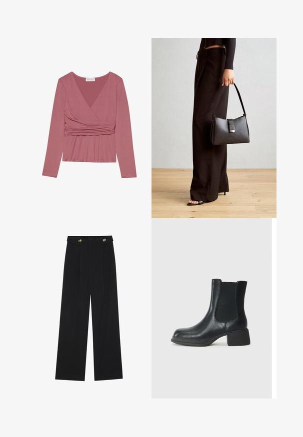 Ilgi piedurkņu tops putekļsarkanas krāsas, ar iesaiņojuma dizainu, savelktiem materiāliem jostasvietā un V veida kakla izgriezumu. Mīksta tekstūra ar minimāliem šuvēm.; Melnas platās bikses ar augstu jostasvietu, pogu detaļām uz jostas un priekšējām krokām.; Melnas ādas potīšu zābaki ar elastīgām sānu daļām, noapaļota purngala forma un zems blokveida papēdis. Virsma ir gluda un ar minimālu detalizāciju.; Melnā somiņa ar strukturētu formu, gludu tekstūru un metālu sprādzi. Saskaņota ar platām melnām biksēm un sandālēm ar atvērtu purngalu uz koka grīdas.