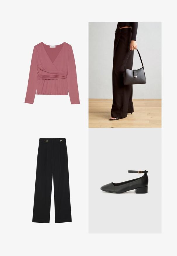 Pitkähihaisuus pusero haalean ruusuisena, jossa on kietaisumalli, rypytetty materiaali vyötäröllä ja V-mallinen kaula-aukko. Pehmeä rakenne ja minimaalinen saumaus.; Mustat leveälahkeiset housut, joissa on korkea vyötärö, napit vyötärönauhassa ja etupuolella laskokset.; Mustat nahkakengät, joissa on terävä kärki ja matala lohkare korko. Varustettu nilkkahihnalla, jossa on kultasävyinen solki. Lisää sileä pinta.; Musta käsilaukku, jossa on rakenteellinen muoto, sileä pinta ja metallinen solki. Yhdistetty leveisiin mustiin housuihin ja avonaiheisiin sandaaleihin puulattialla.