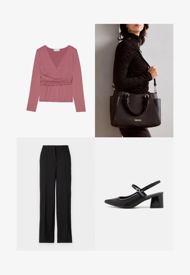 Camisola de manga longa em rosa poeirento, com um design cruzado, material franzido na cintura e decote em V. Textura suave com costuras mínimas.; Calças pretas com um design de perna reta, apresentando dois pregas frontais, um cós e sem bolsos ou adornos visíveis.; Sabrinas de cerâmica preta com salto bloco, bico apontado e um design com recortes arredondados. Apresenta um detalhe em fivela de tom dourado.; Bolsa preta com superfície texturizada, alças superiores duplas e alça de ombro ajustável. Apresenta ferragens em tom dourado e bolsos laterais.