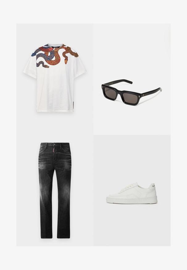 Just Cavalli FULL SNAKE - T-shirt med print - white; Svarta denimjeans med rak passform. Har blekta områden, mindre slitningar, klassisk femficksdesign och knäppning med knapp.; Vita lädersneakers med en jämn yta, rund tå, platta snörningar och en strukturerad sula. Har en diskret logotyp på hälen.; Svarta rektangulära solglasögon med mörka linser, tjock plastbåge, guldfinish på skalmarna och varumärkeslogotyp graverad på armen.