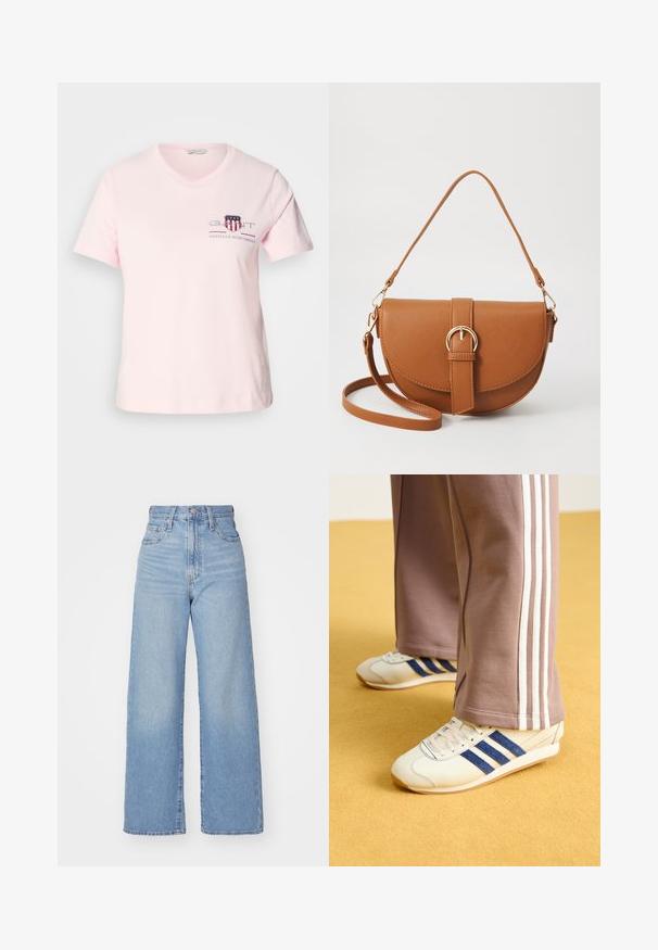 Vaaleanpunainen puuvillateepaita, jossa on lyhyet hihat, pyöreä pääntie ja kirjailtu logo punaisilla ja sinisillä yksityiskohdilla. Rentomallinen.; Vaalean siniset korkeavyötäröiset löysät farkut, joissa on etuvetoketju ja nappikiinnitys, sekä edessä että takana taskut, valkoista taustaa vasten.; Kreemi kengät sinisillä mokkanahka raidoilla, valkoisilla nauhoilla ja kumipohjalla. Yhdistetty harmaisiin verkkareihin, joissa on valkoiset sivuraidat.; Ruskean nahkainen olkalaukku, jossa on kaareva muoto, kultaiset yksityiskohdat ja solkiyksityiskohta. Varustettu irrotettavalla olkahihnalla.