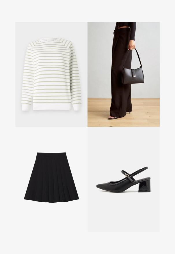 Lichte sweatshirt met groen en witte horizontale strepen, ronde hals, lange mouwen, ribgebreide manchetten en zoom. Gemaakt van zacht materiaal.; Zwarte plisseerok van een gestructureerde stof met een aansluitende tailleband. Valt tot op de knie en heeft een gladde, strakke silhouette.; Zwarte gepolijste leren slingback hakken met een spitse neus, een ronde uitsnede en een blokhak. Voorzien van een gouden gespaccent.; Zwarte handtas met gestructureerde vorm, gladde textuur en een metalen sluiting. Gecombineerd met brede zwarte broeken en sandalen met open teen op een houten vloer.