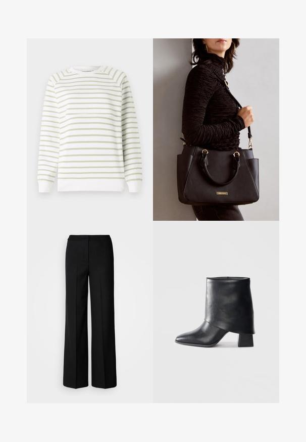 Kerge rakentusega sviiter, millel on rohelised ja valged horisontaalsed triibud, ümmargune kaelus, pikad varrukad, soonikkoes ääred ja hem. Valmistatud pehmest materjalist.; Mustad laiad püksid siledast kangast, millel on kõrge vöökoht, kohandatud õmblused ja minimalistlik kujundus. Ei ole nähtavat riistvara ega taskuid.; Mustad nahast pahkluuring, millel on terav varvas, sile tekstuur ja struktureeritud plokknakk. Omab kõrget, volditud suud.; Musthave must kott, millel on tekstuurne pind, kaks ülemist käepidet ja reguleeritav õlarihm. Omab kuldse tooni riistu ja külgtaskuid.