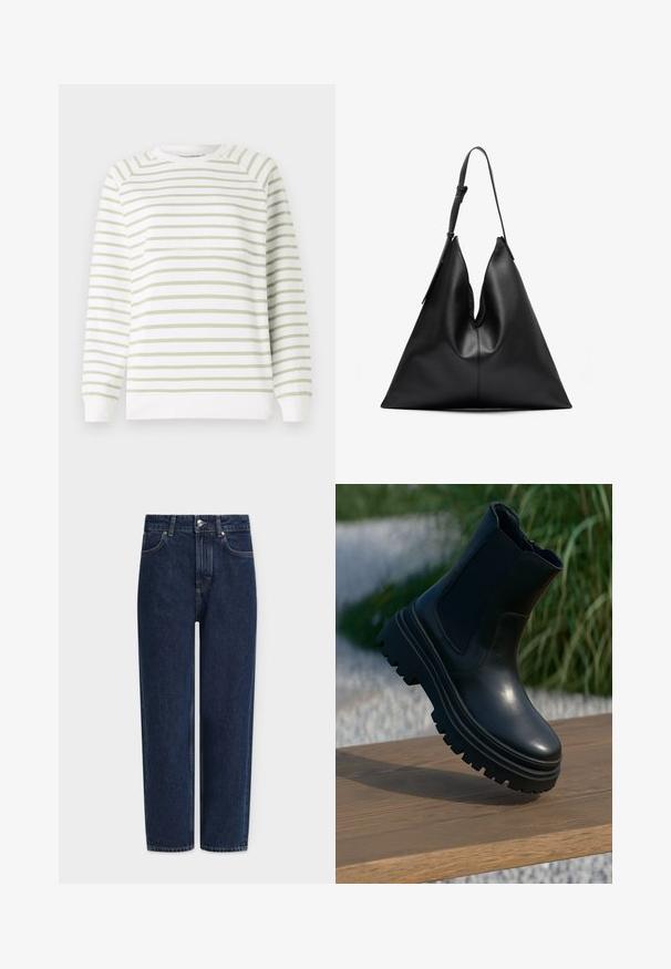 Kerge rakentusega sviiter, millel on rohelised ja valged horisontaalsed triibud, ümmargune kaelus, pikad varrukad, soonikkoes ääred ja hem. Valmistatud pehmest materjalist.; Tumesinised teksad sirge säärega, kõrge vöökohaga, hõbedaste riistvarade, esitaskute ja peente õmblusedetailidega. Klassikaline viie taskuga disain.; Mustad must jalanõud mustast nahast, paksu tallaga, elastsete külgpaneelidega ja siledaga viimistlusega. Tõstetud disain, millel on kontrastne tallamuster.; Must musta kolmnurga kujuga käekott, millel on üks reguleeritav õlarihm ja pehme, veidi lohvama struktuuriga.; Kuldsete toonidega kõrvarõngad, millel on geomeetriliste kujundite segu: ruut, ring ja ühendatud ovaalsed kujundid, millel on poleeritud viimistlus.