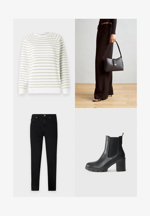 Könnyű pulóver zöld és fehér vízszintes csíkokkal, kerek nyakkal, hosszú ujjakkal, bordázott mandzsettákkal és hem. Puha anyagból készült.; Fekete farmernadrág, slim fit fazonban, elöl gombos záródással, övhurkokkal és klasszikus öt zsebes kialakítással. Sima textúra.; Fekete bőr bokacsizma, elasztikus oldalsó panelekkel, masszív gumitalppal és magas tömbsarkú kivitelben. Hátul húzófüllel rendelkezik.; Fekete kézi táska strukturált formával, sima textúrával és fémből készült záródással. Széles fekete nadrággal és nyitott orrú szandállal párosítva, fából készült padlón.