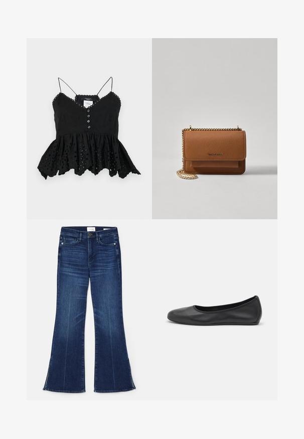 Top sans manches noir avec un col en V, un devant à boutons et un ourlet peplum évasé. Présente des broderies décoratives et des bords festonnés.; Jean évasé bleu foncé en denim. Il présente une taille haute, des poches avant et des fentes au bas. Design classique à cinq poches.; Ballerines en cuir noir avec un bout rond, texture lisse, détails de couture minimalistes et design de semelle flexible.; Sac en cuir texturé marron en bandoulière avec une sangle en chaîne dorée et une fermeture à rabat. L'avant présente un détail de logo et une poche sous le rabat.