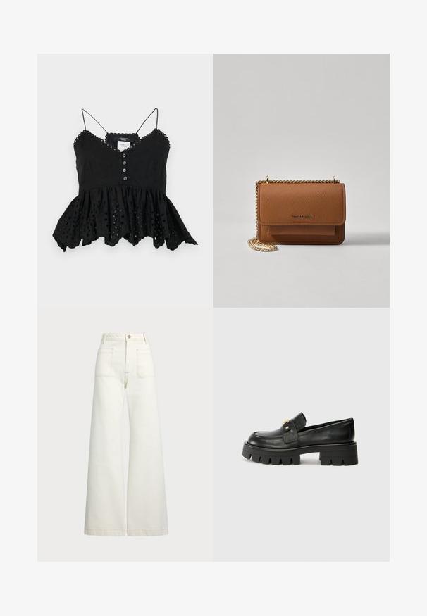 Black sleeveless top with a V-neck, button front, and flared peplum hem. Features decorative embroidery and scalloped edges.; Wide-leg jeans in off-white denim. High-waisted design with a button closure, two front pockets, and contrast stitching details.; Black leather loafers with a chunky sole, featuring a gold-tone accent on the front and a smooth finish. Chunky tread design on the sole.; Brown textured leather crossbody bag with gold chain strap and flap closure. Front features logo detail and a pocket under the flap.
