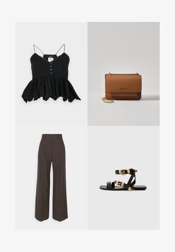 Crna bez rukava s V-izrezom, prednjim gumbima i lepršavim peplum rubom. Ima dekorativnu vez i valovite rubove.; Tamno smeđi hlače širokih nogavica s visokim strukom, s uredno peglanim naborima, glatkom teksturom i krojem koji dobro pristaje.; Crne kožne sandale s zlatnim kopčama, s više trakica i ravnim đonom za nošenje s otvorenim prstima.; Smeđa kožna torba preko tijela s teksturom, zlatnim lančićem i preklopom na zatvaranju. Na prednjoj strani nalazi se detalj s potpisom i džep ispod preklopa.