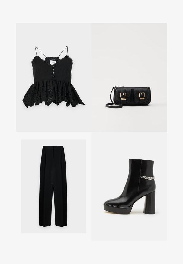 Top negro sin mangas con escote en V, cierre de botones en la parte delantera y dobladillo acampanado. Presenta bordados decorativos y bordes con forma de concha.; Pantalones de pierna ancha negros con cintura alta, que presentan pliegues y una textura suave. El tejido parece ligero y se drapea de forma elegante.; Botín de tobillo de charol negro con plataforma chunky y tacón alto en bloque. Presenta un acento de cadena plateada en el lateral. Textura suave.; Bolso cruzado de cuero negro con dos bolsillos frontales, hebillas doradas, cierre de cremallera y una correa delgada. Superficie texturizada y forma rectangular compacta.