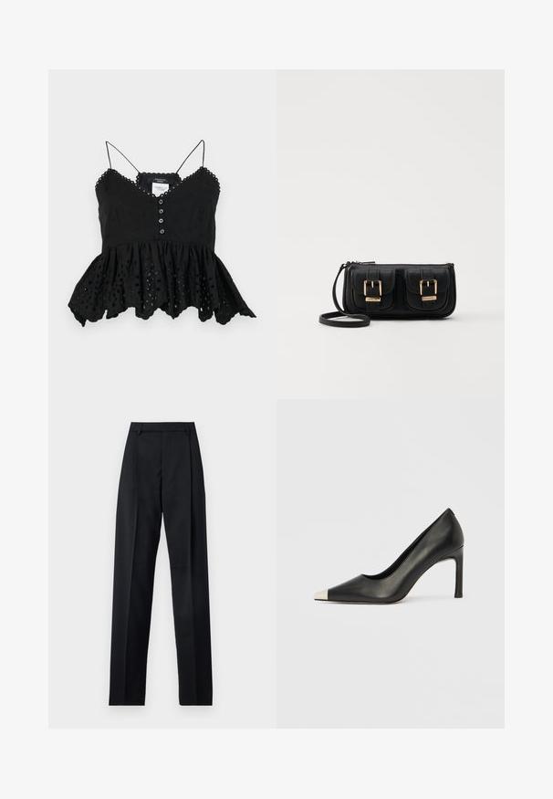 Crna bez rukava s V-izrezom, prednjim gumbima i lepršavim peplum rubom. Ima dekorativnu vez i valovite rubove.; Crne hlače od glatkog materijala s visokim strukom, širokim nogavicama, prednjim pregibima i klasičnim petljama za remen. Nema vidljivih bočnih džepova.; Crna kožna cipela s visokim potpeticama, špicastim vrhom i metalnim srebrnim vrhom. Ima glatku završnu obradu i tanku petu visine 10 cm.; Crna kožna torba preko ramena s dva prednja džepa, zlatnim kopčama, zatvaranjem na zip i uskim remenom. Teksturirana površina i kompaktan pravokutan oblik.