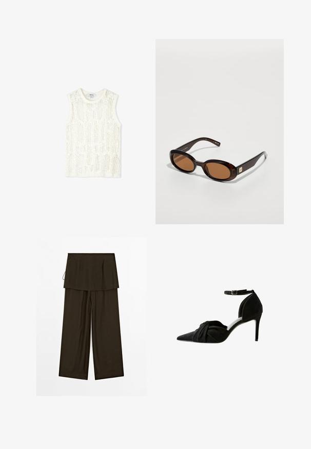 Ärmelloses Oberteil in Weiß, mit gewebter Spitze und linearem Muster. Runde Ausschnittform und keine sichtbaren Beschläge oder Akzente.; Weite Hosen aus dunkelbraunem Stoff mit einem geschichteten Taillendesign. Sanfte Textur, klare Linien und eine lockere Passform. Kein sichtbares Zubehör.; Schwarzer Wildleder-Pumps mit spitzem Zeh, geknotetem Detail an der Vorderseite, Knöchelriemen und dünnem Stiletto-Absatz.; Braune Schildpatt-Sonnenbrille mit ovalen Gläsern, ausgestattet mit einem dünnen Rahmen und einem kleinen metallischen Akzent an der Seite. Texturierte und polierte Oberfläche.; Braune Wildleder-Schultertasche mit offenem Oberteil. Sie verfügt über einen tiefen, breiten Körper, einen ausgeschnittenen Griff und minimale Nähte für ein sauberes Design.