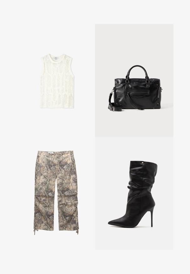 Bezrękawnik w kolorze białym, z tkaniną o plecionej koronkowej fakturze z liniowym wzorem. Okrągły dekolt i brak widocznych elementów metalowych lub ozdobnych.; Spodnie w wzór camouflage, wykonane z lekkiego materiału, z elastycznym pasem, bocznymi kieszeniami oraz regulowanymi sznurkami na kostkach.; Even&Odd Wide Fit - Botki na obcasie; Czarna skórzana torebka z dwoma krótkimi uchwytami i odczepianym paskiem na ramię. Posiada przednią kieszeń na zamek oraz metalowe akcenty. Fakturowana powierzchnia.