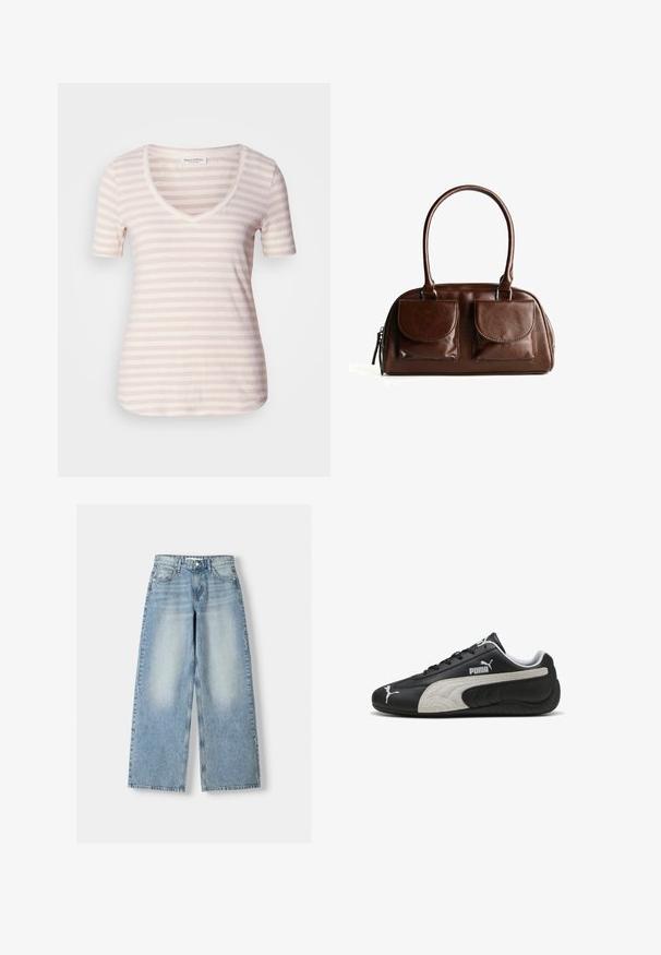 Tričko s krátkým rukávem a výstřihem do V v světle béžové barvě s tenkými vodorovnými bílými pruhy. Měkká látka s uvolněným střihem a zaobleným lemem.; Světle modré denimové široké kalhoty s vysokým pasem, se sepraným vzhledem, pěti kapsami a rovný střih.; Černé kožené tenisky s texturovaným šedým semilem, které mají bílé logo a šněrování, zaoblenou špičku a gumovou podrážku.; Hnědá kožená kabelka se dvěma předními klopovými kapsami, zaoblenými uchy a zipem po straně na bílém pozadí.