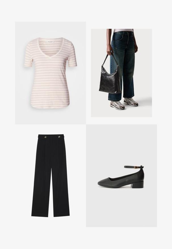 Trumpas rankovės V-kaklo marškinėliai šviesiai smėlio spalvos su plonomis horizontaliomis baltomis juostelėmis. Minkšta medžiaga, laisvas kirpimas ir apvalus hemline.; Juodi plačios kojos kelnės su aukštu liemeniu, sagų detalėmis ant liemens ir priekinėmis raukšlėmis.; Juodas odinis aukštakulnis batelis su smailiu pirštu ir žemu bloku. Su kulkšnies dirželiu su auksinės spalvos sagtimi. Lygus paviršius.; Juodas odinis peties krepšys su lygiu paviršiumi ir reguliuojama dirželiu, derinamas su nublukusiais plačiapurčiais džinsais ir sportiniais batais.